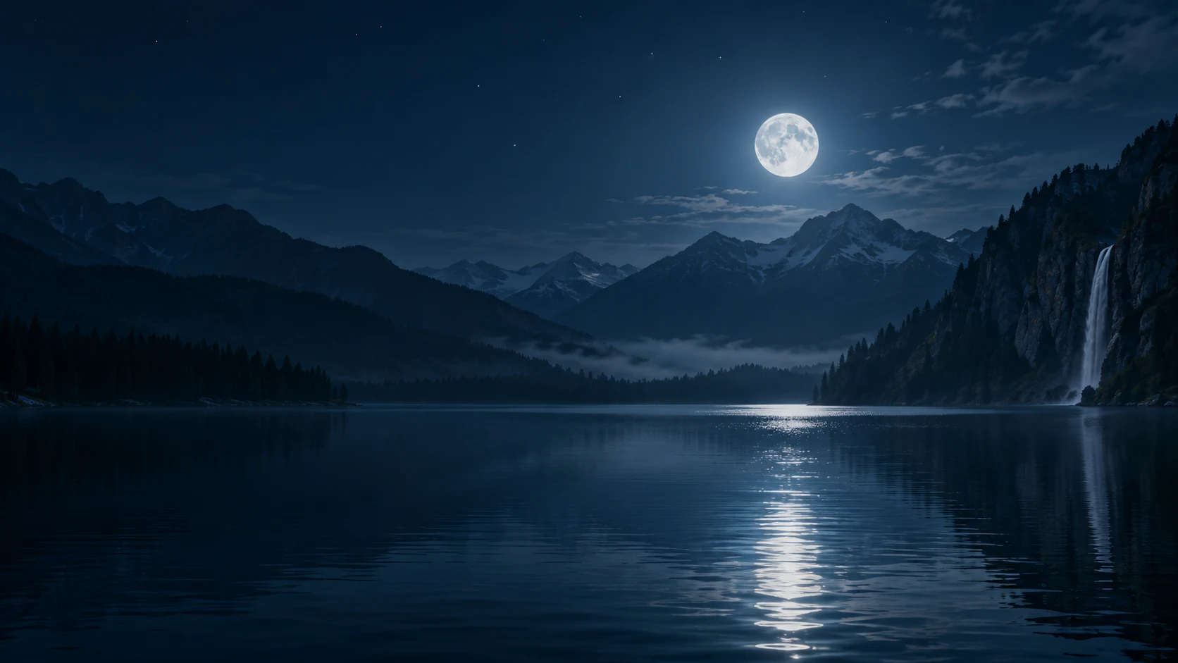 A quiet mountain lake beneath a silver moon