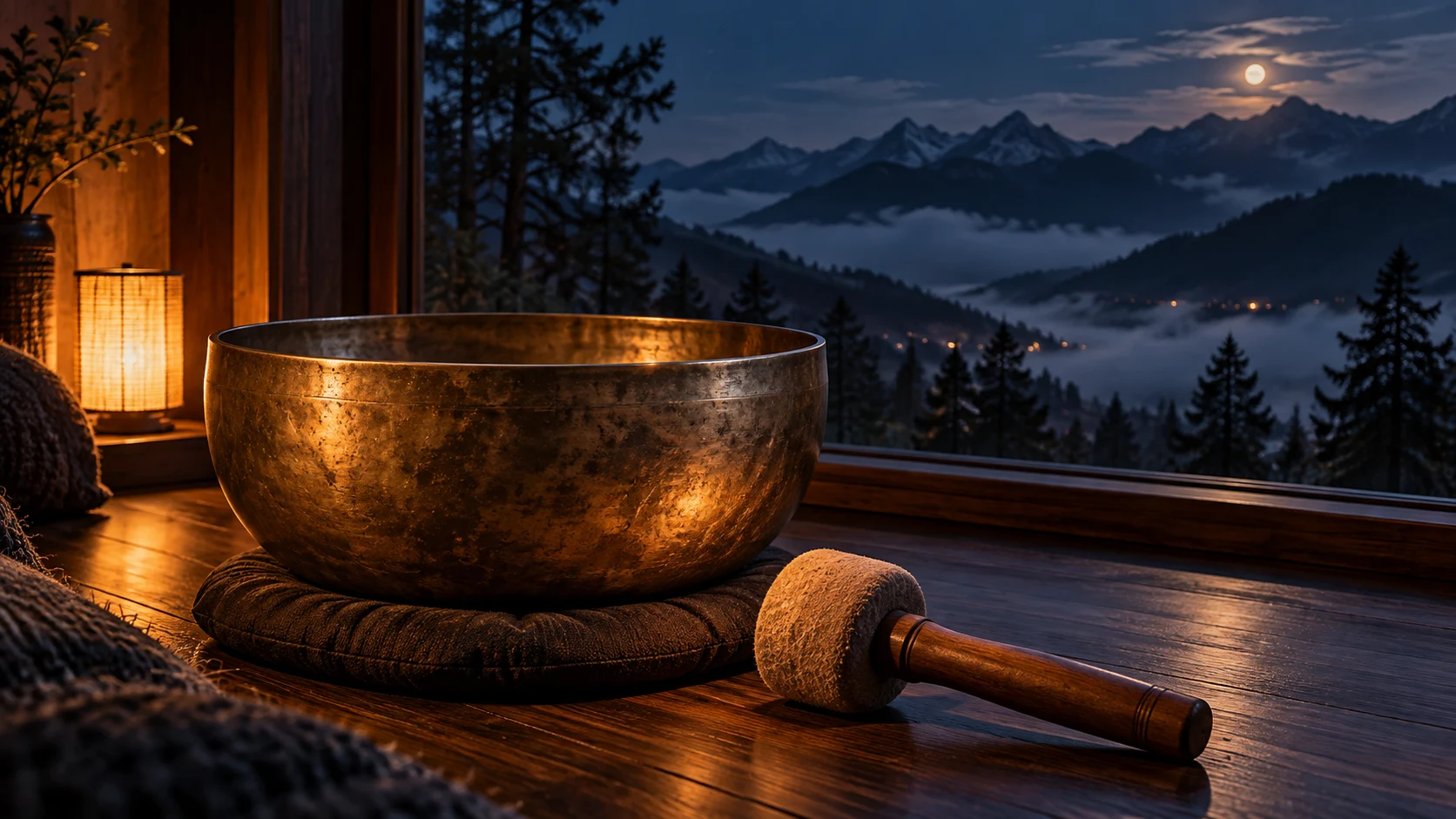 A bronze singing bowl beside a softly lit window