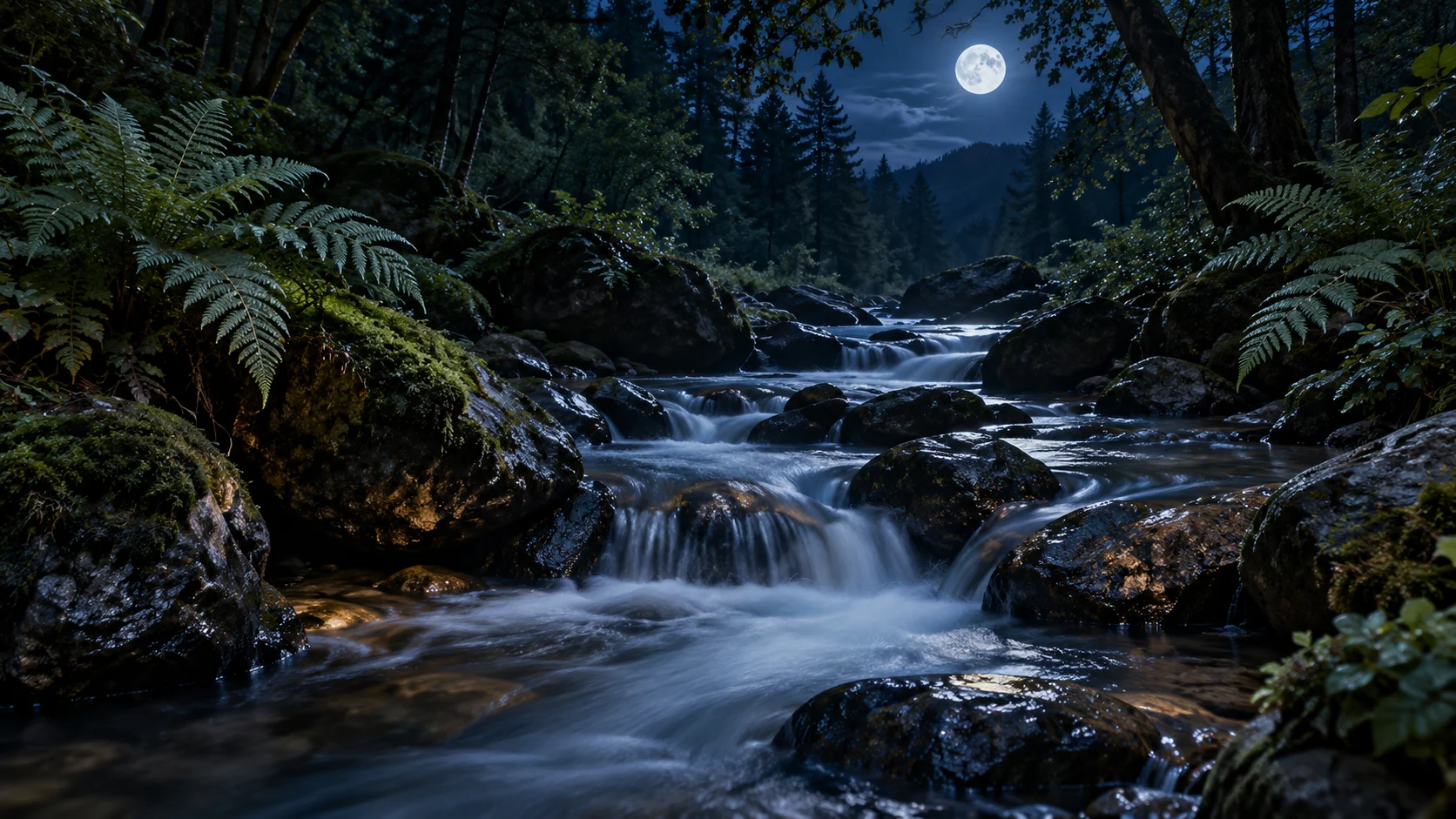 Moonlit water flowing through a forest