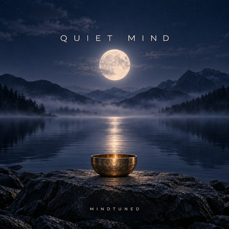 Quiet Mind album cover: singing bowl beside a moonlit mountain lake